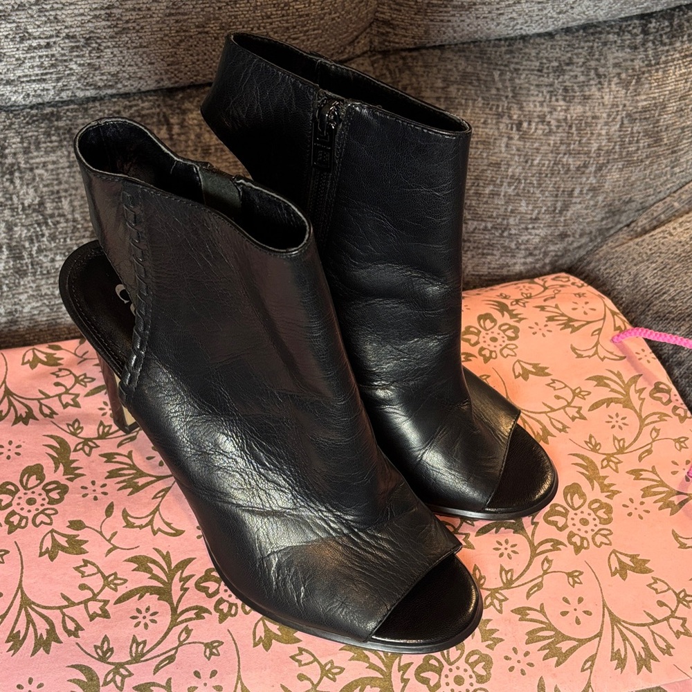Coach Izzie Leather Black Peep-Toe Ankle Booties - Women's Fashion Heels
